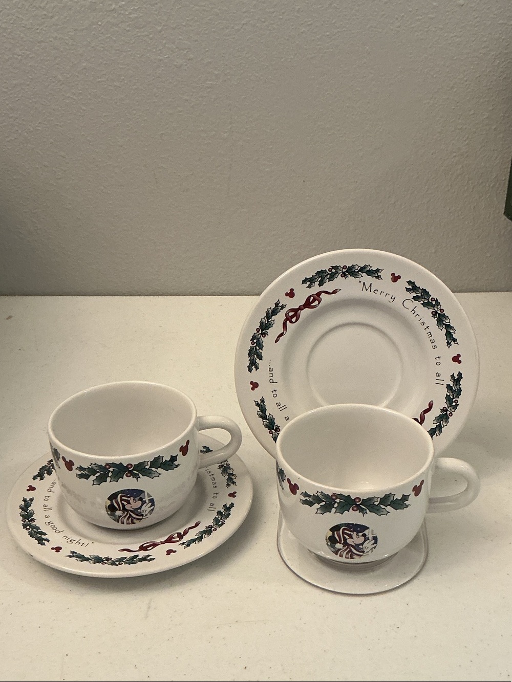 Disney White Holiday Holly Teacup & Saucer Set with Green and Red Accents